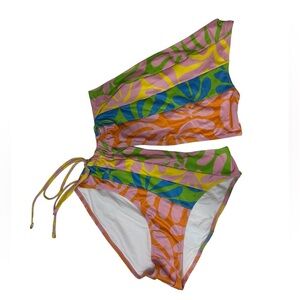 NWT Solid & Striped One Piece One Shoulder Swimsuit Orange Multi Women’s Medium